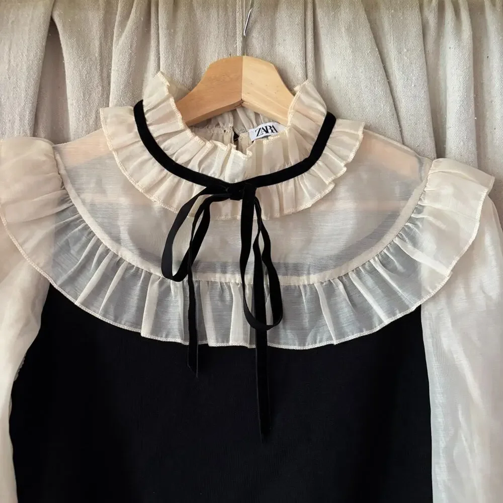ZARA Ivory Sheer Sleeve Ruffle Collar Blouse Black Victorian Romantic Top Size M - Picture 2 of 7